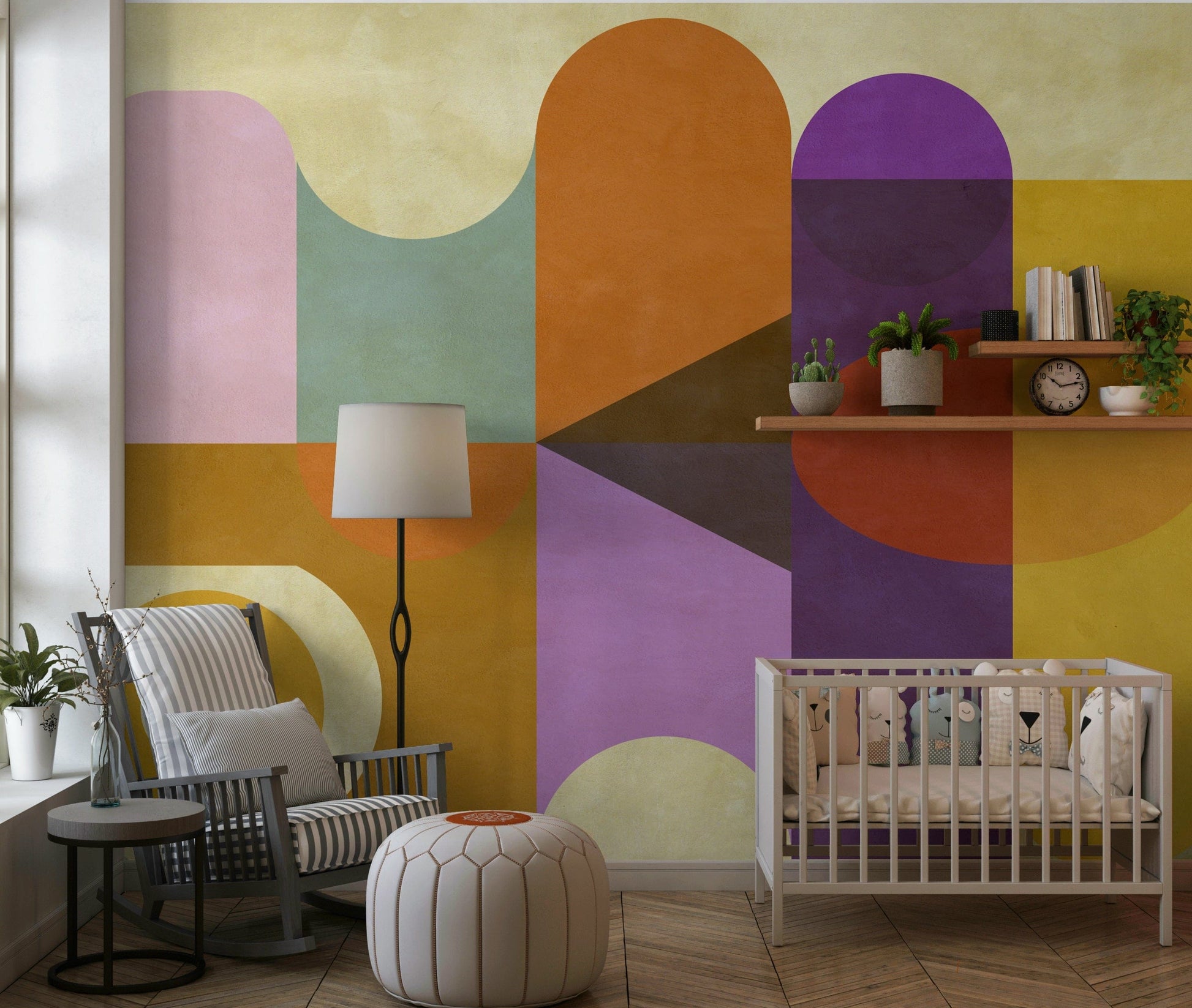Earthy brown wedges balance Mid-Century Abstract wallpaper for walls.