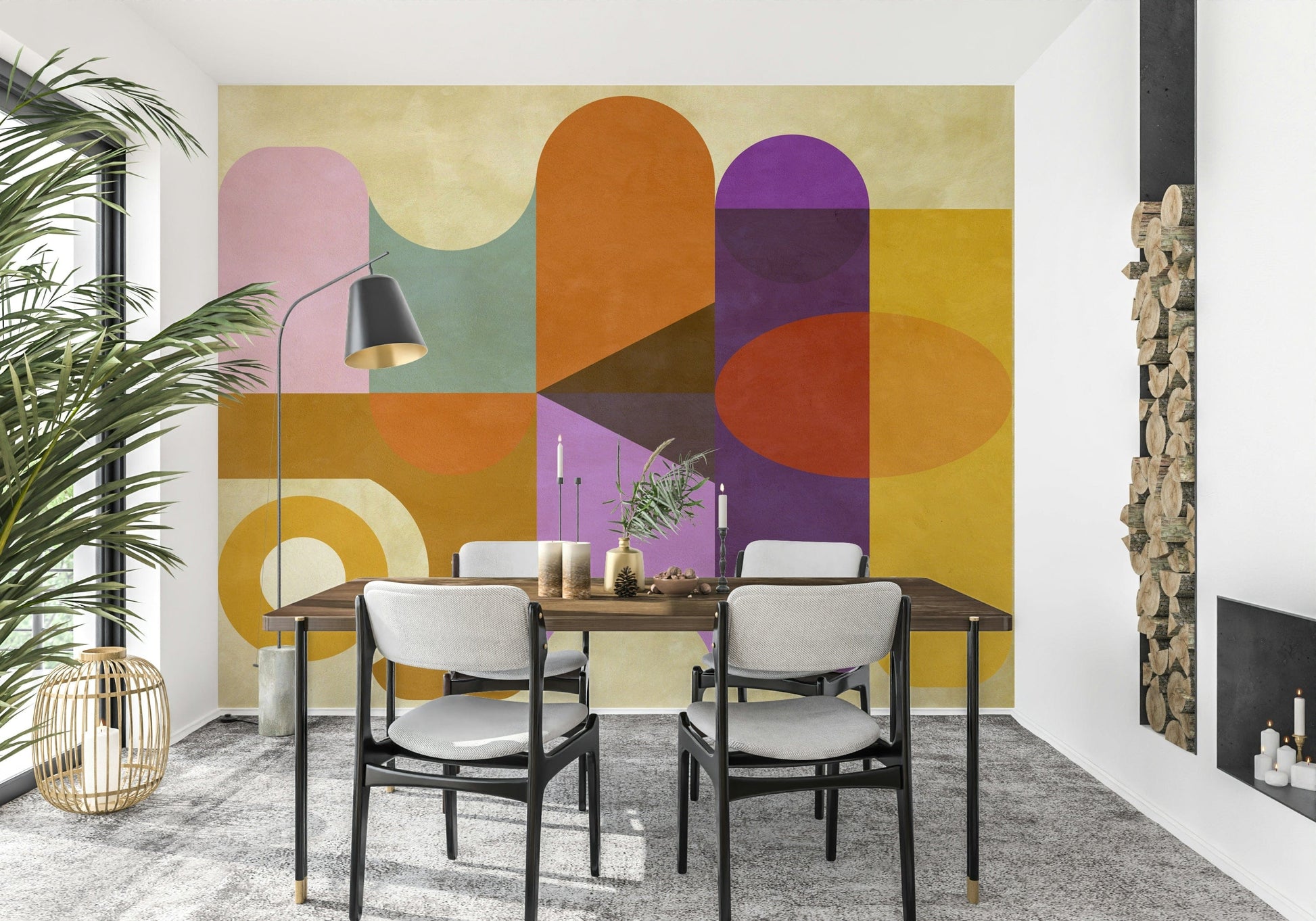 Golden ochre circles anchor this Mid-Century Abstract wallpaper mural.
