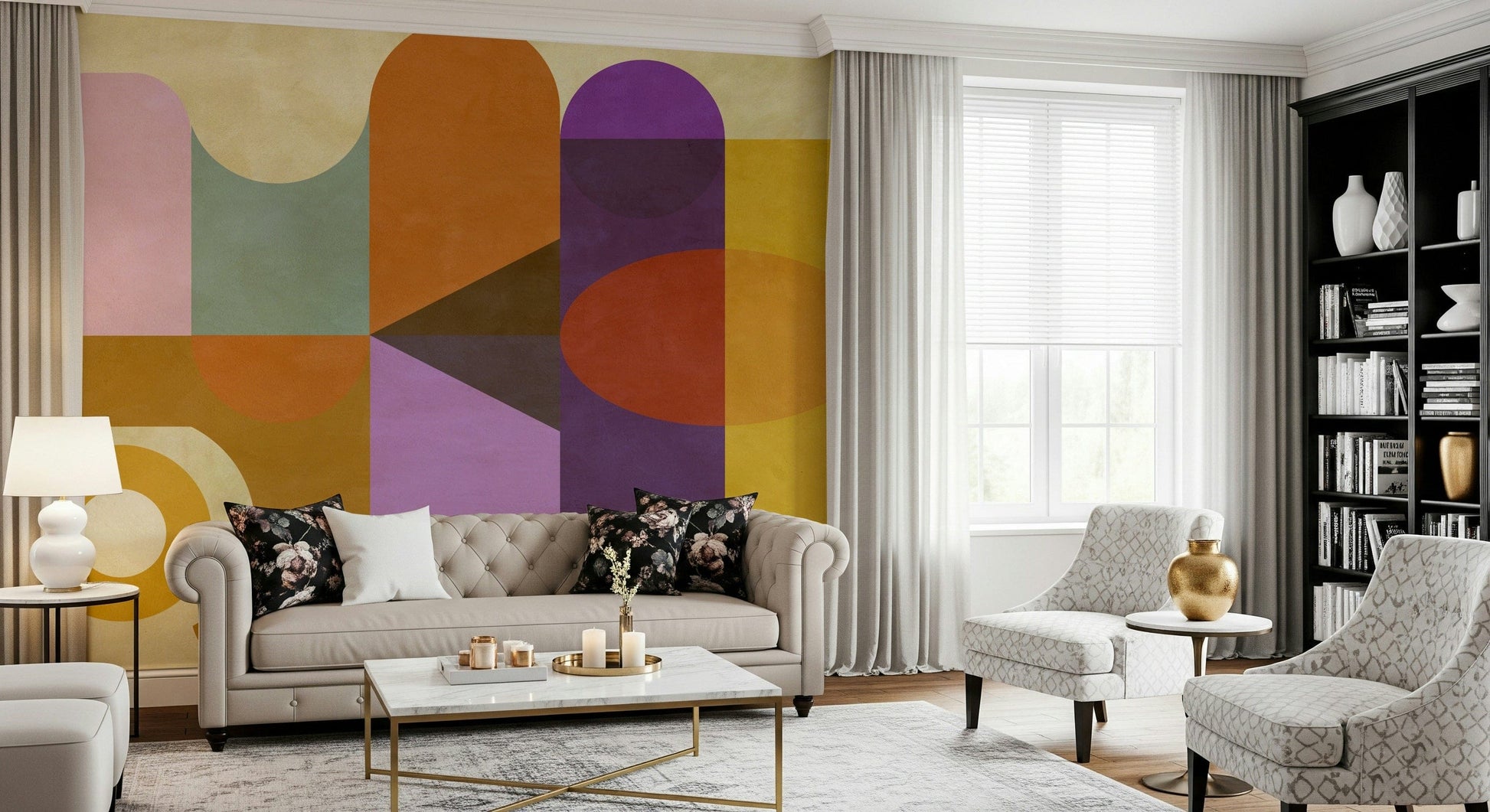 Mid-Century Abstract wall mural features retro orange geometric arches.