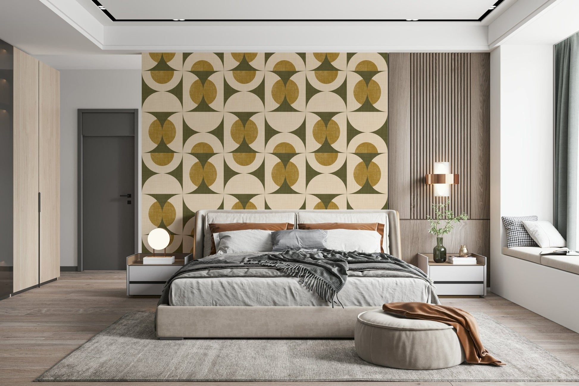 Vintage-inspired wallpaper showcasing overlapping semicircles and oval motifs in muted green and ochre.