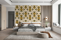 Vintage-inspired wallpaper showcasing overlapping semicircles and oval motifs in muted green and ochre.