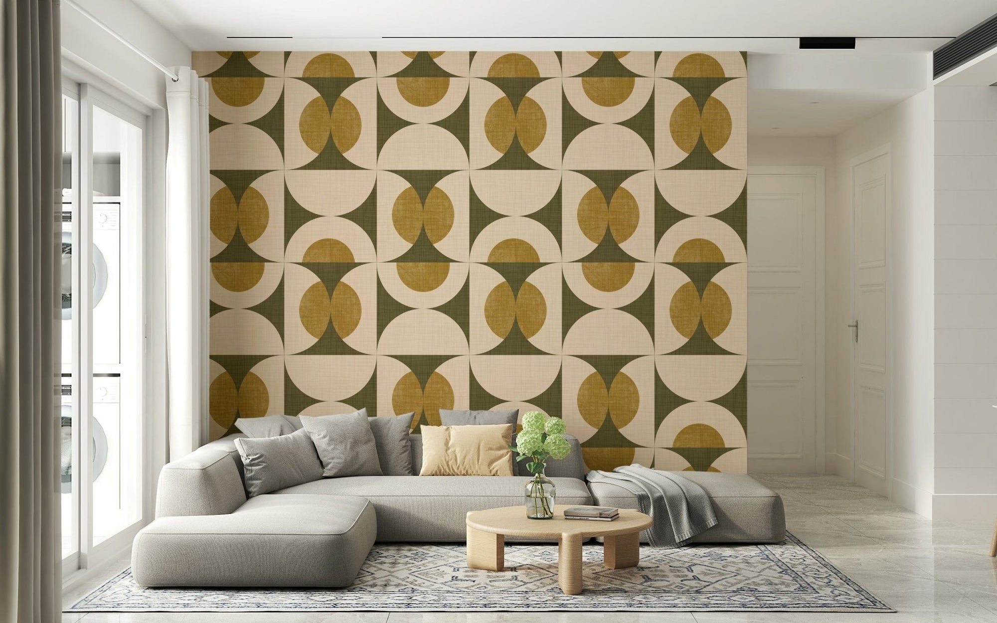 Textured geometric wallpaper with bold arc motifs and warm muted colors.