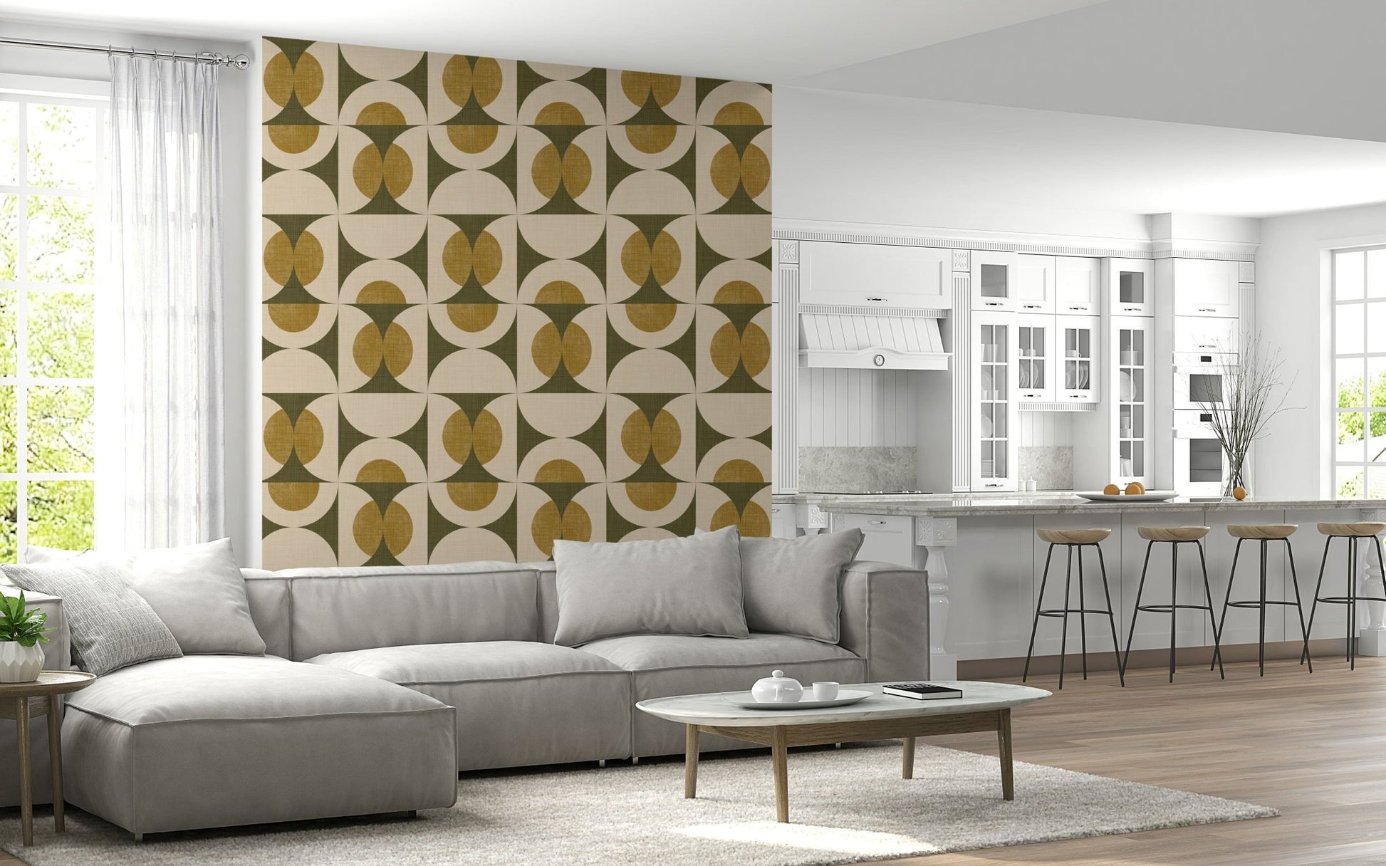 Mid-century modern wallpaper featuring repeating geometric arcs in olive green and mustard tones.