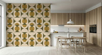 Earthy mid-century wallpaper with circular and arc shapes in olive, cream, and mustard hues.