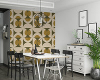 Chic mid-century wallpaper with curved green shapes and mustard oval elements.