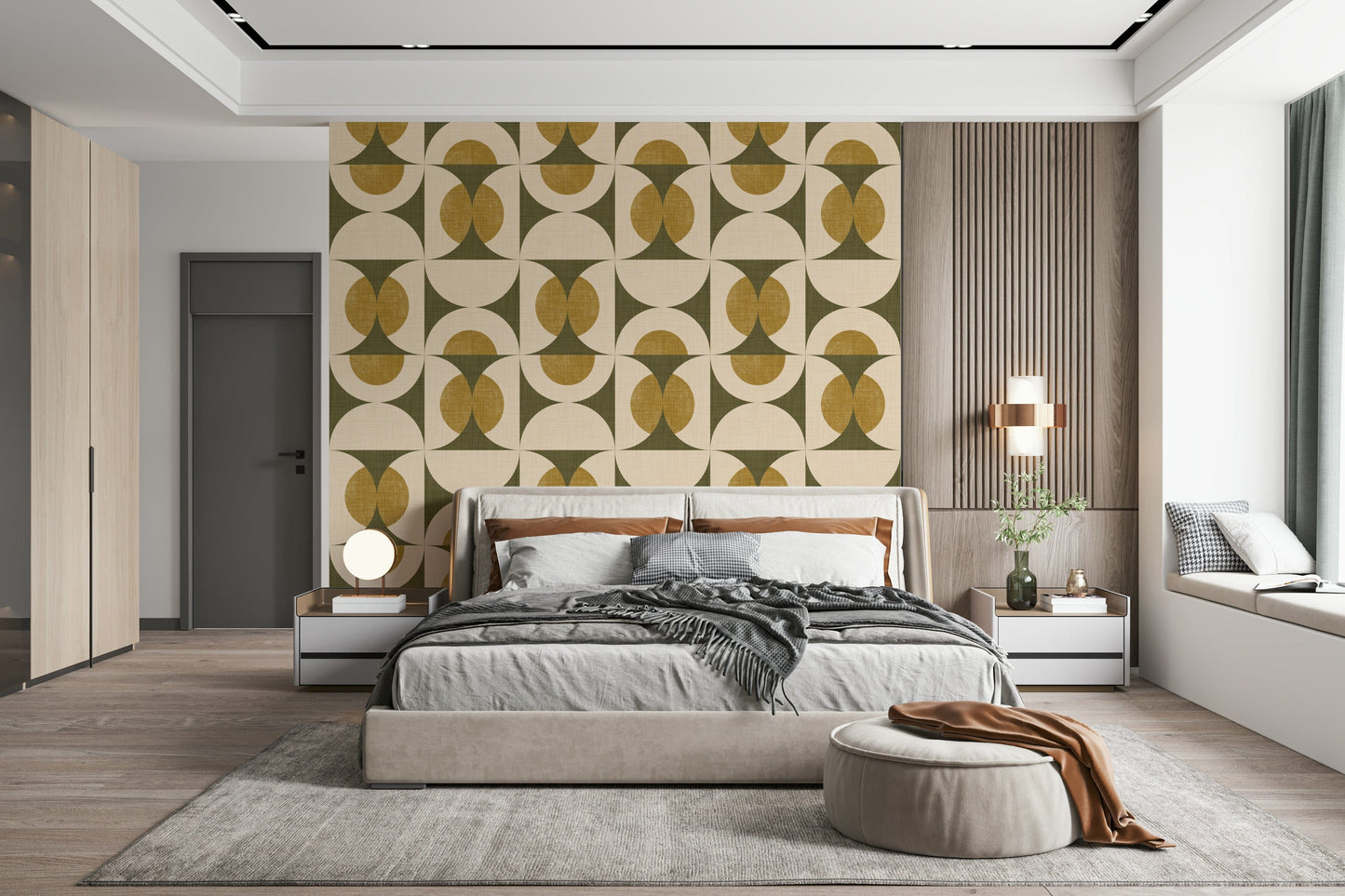 Vintage-inspired wallpaper showcasing overlapping semicircles and oval motifs in muted green and ochre.