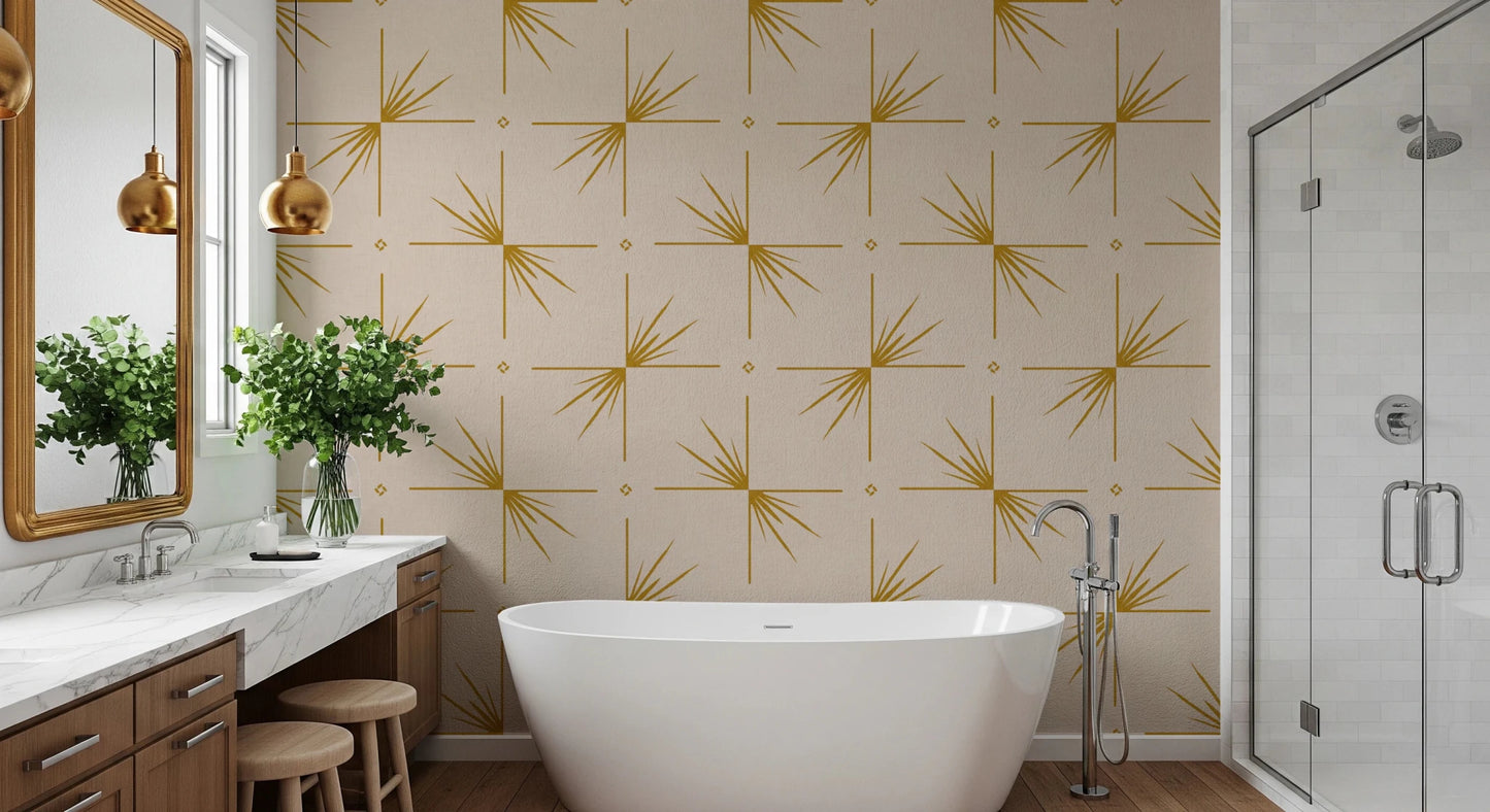 Mid Century Modern Starburst Cross Mustard Cream Wallpaper⁠