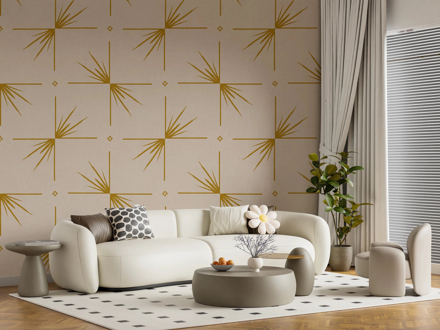 Mid Century Modern Starburst Cross Mustard Cream Wallpaper⁠