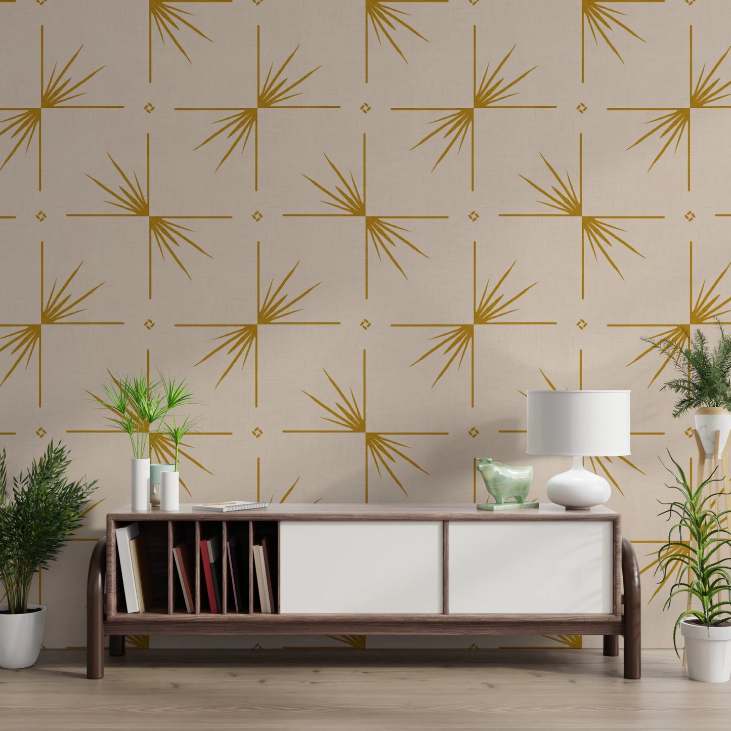 Mid Century Modern Starburst Cross Mustard Cream Wallpaper⁠