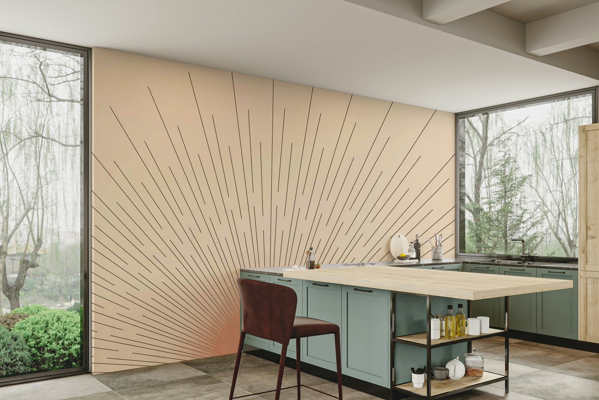 Warm toned wall mural with sunburst design

