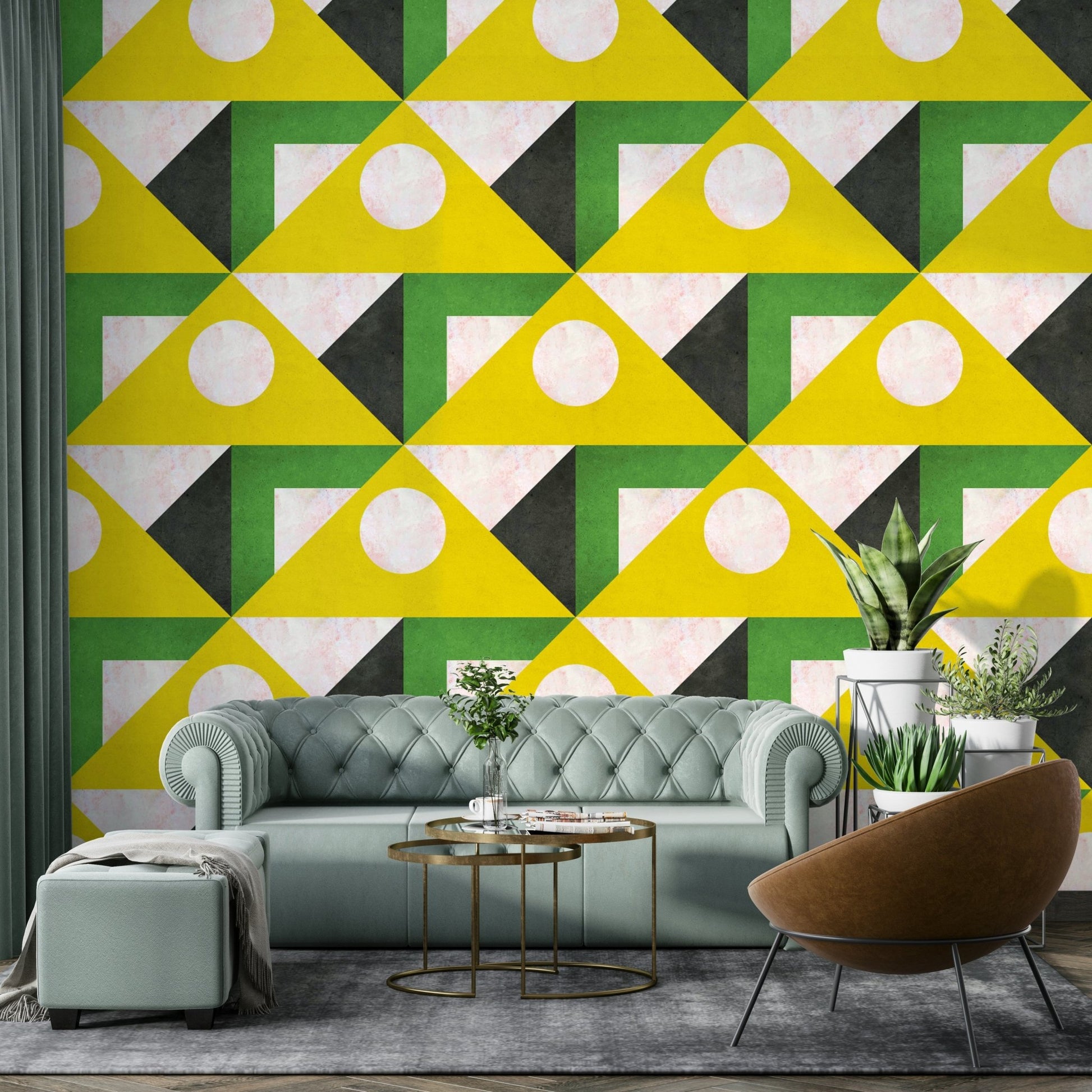 Decorative mural in mid-century yellow tones

