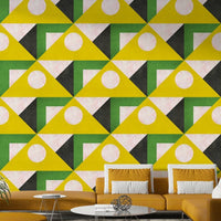 Mid-century yellow mural wallpaper with retro shapes


