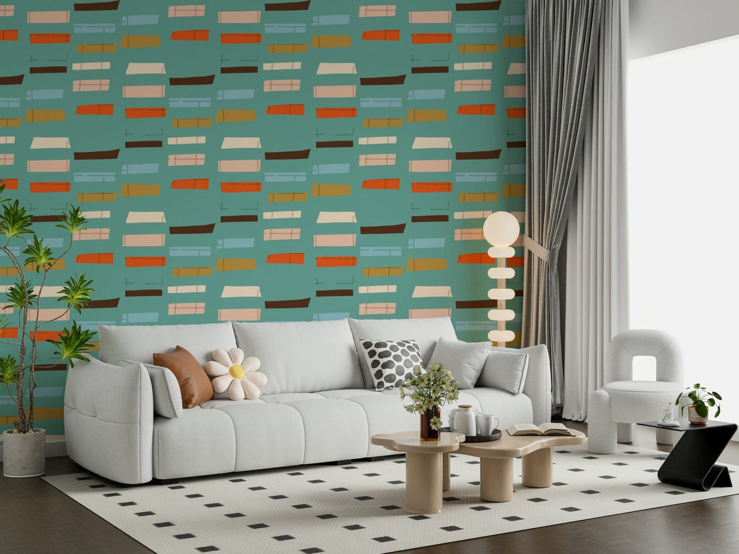 Mid-century abstract pattern, colored shapes, lively and original wall accent.