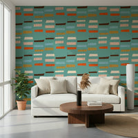 Vintage wall mural design with floating shapes on a bright aquamarine color.