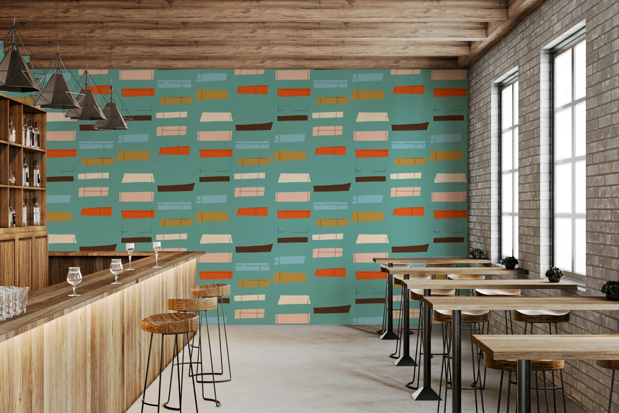 Cool mid mod wallpaper for walls featuring angled geometric color pieces composition.