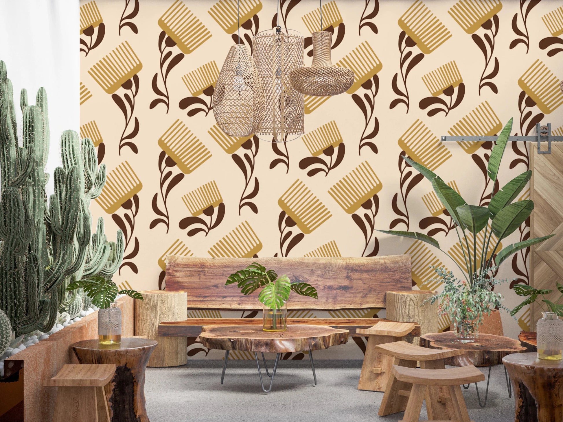 Mid Mod Wildflower Comb - Beige Chocolate Wallpaper⁠