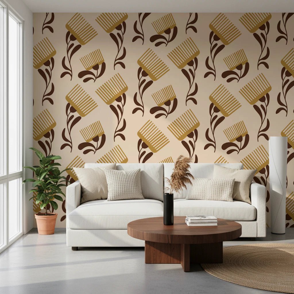 Mid Mod Wildflower Comb - Beige Chocolate Wallpaper⁠
