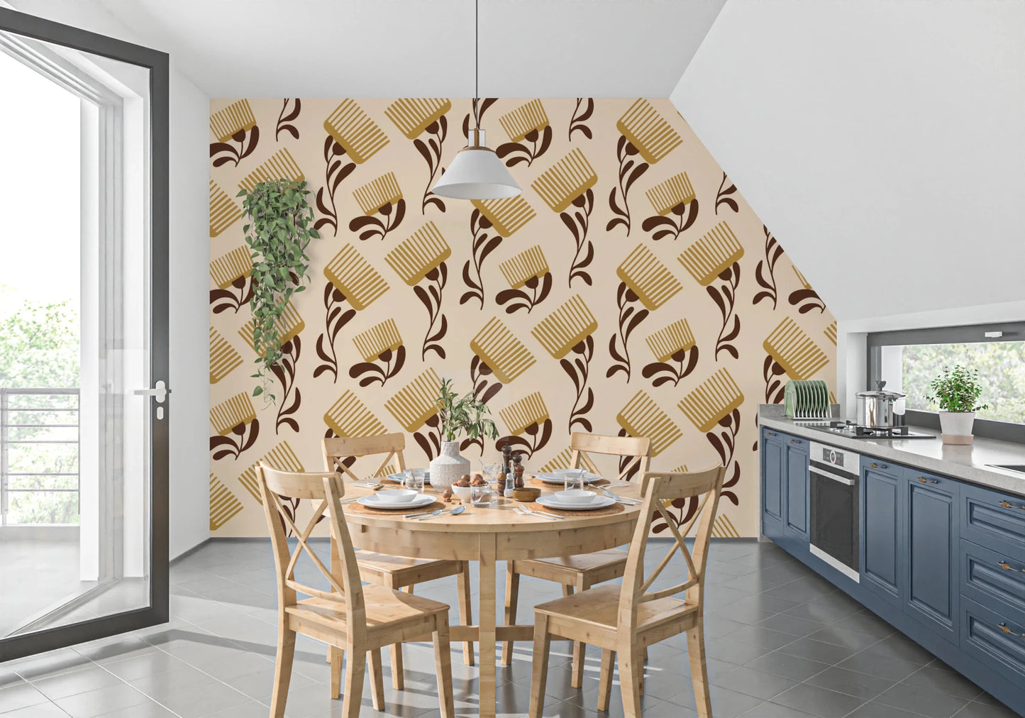 Mid Mod Wildflower Comb - Beige Chocolate Wallpaper⁠