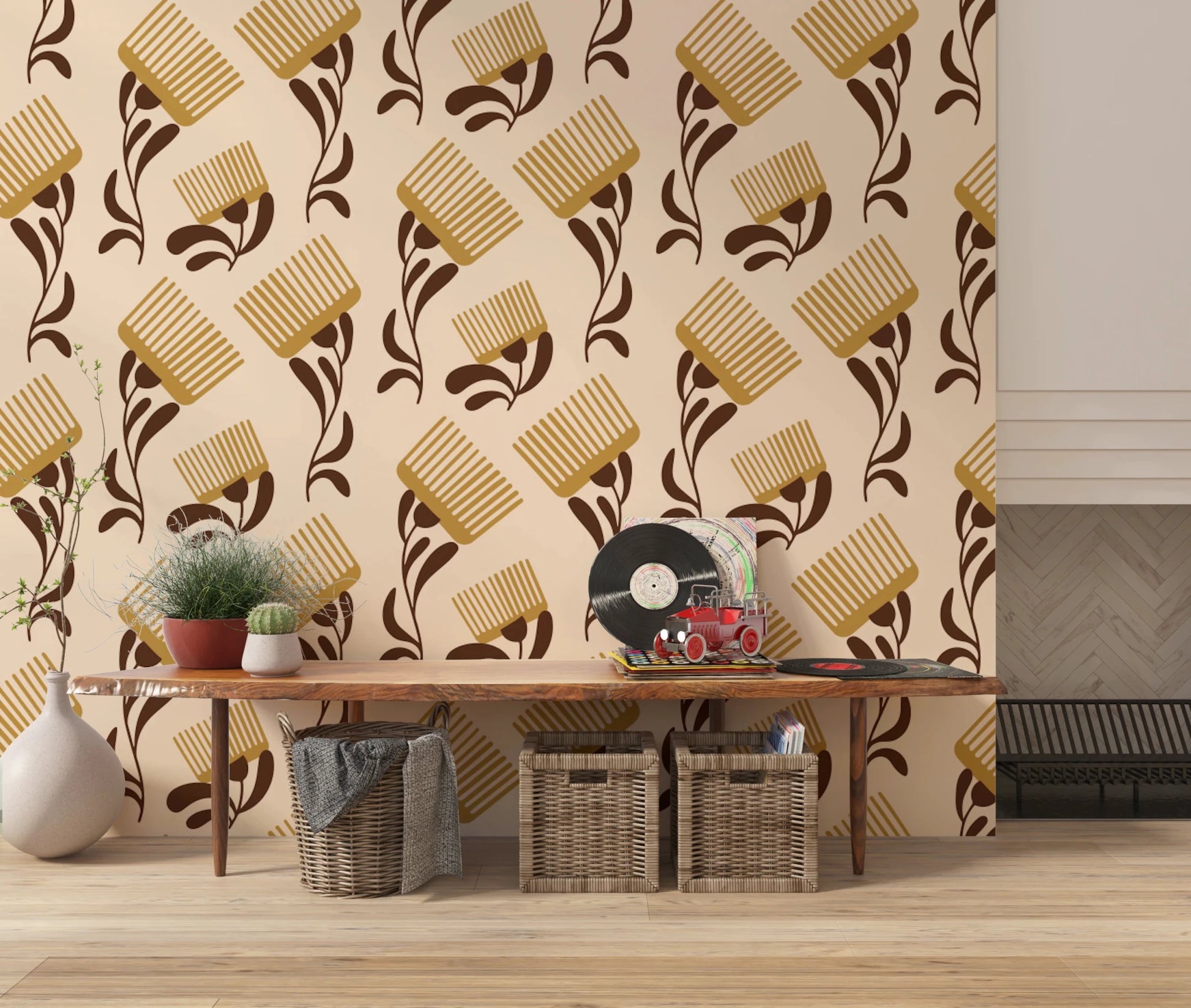 Mid Mod Wildflower Comb - Beige Chocolate Wallpaper⁠
