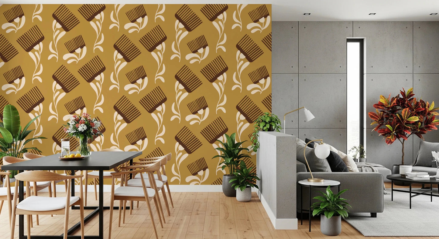 Mid Mod Wildflower Comb - Beige Ocher Wallpaper⁠