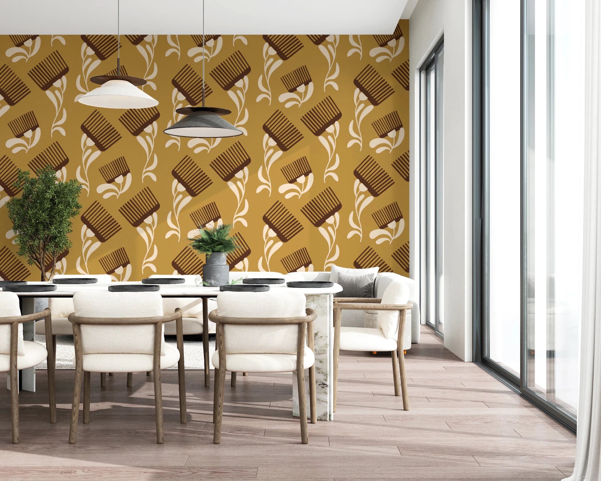 Mid Mod Wildflower Comb Beige Ocher Wallpaper | Retro Wall