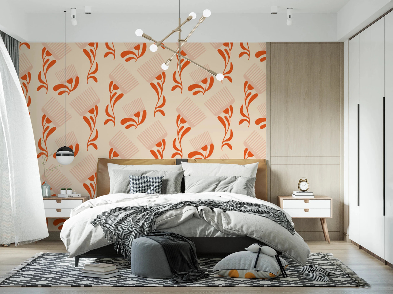Mid Mod Wildflower Comb - Beige Terracotta Wallpaper⁠