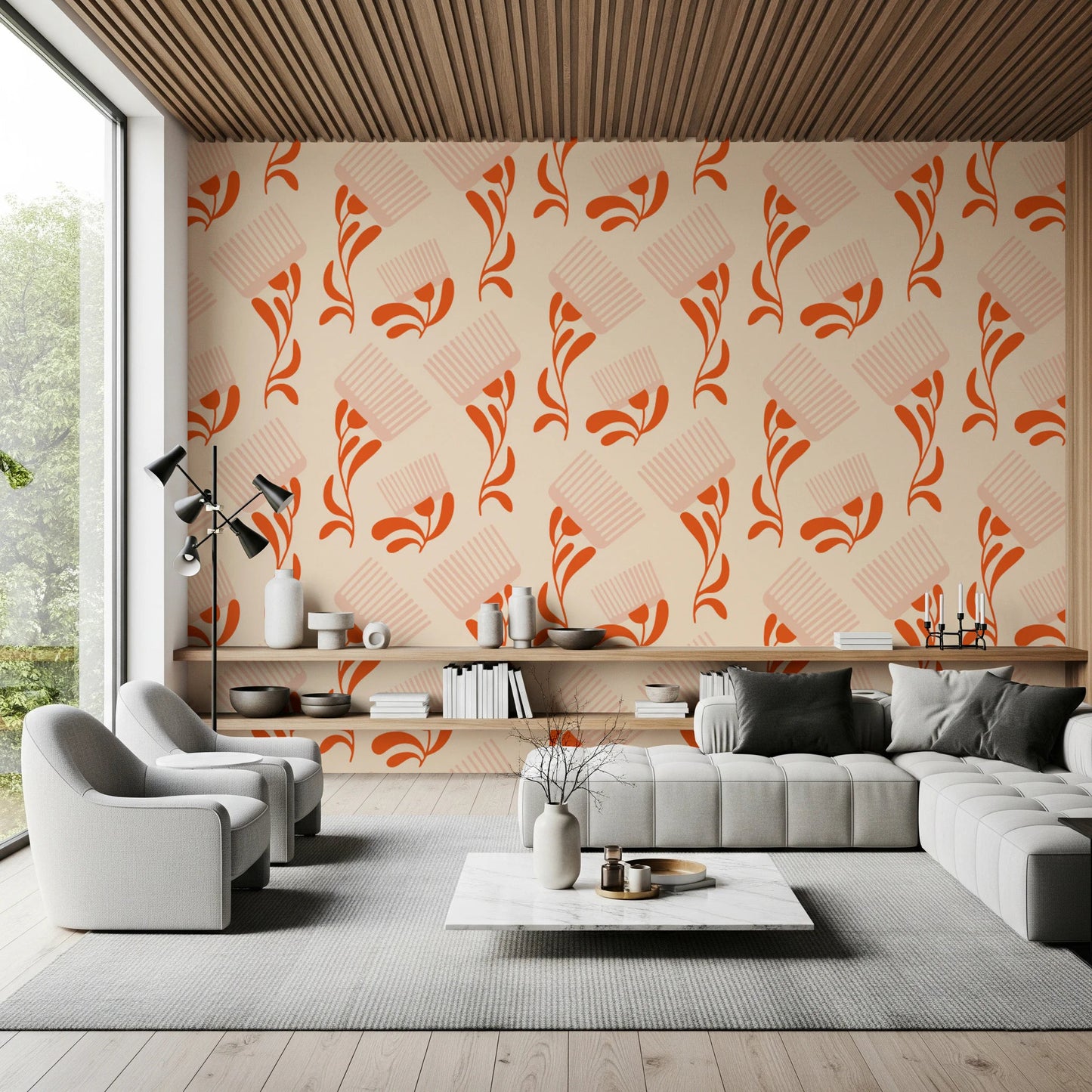 Mid Mod Wildflower Comb - Beige Terracotta Wallpaper⁠