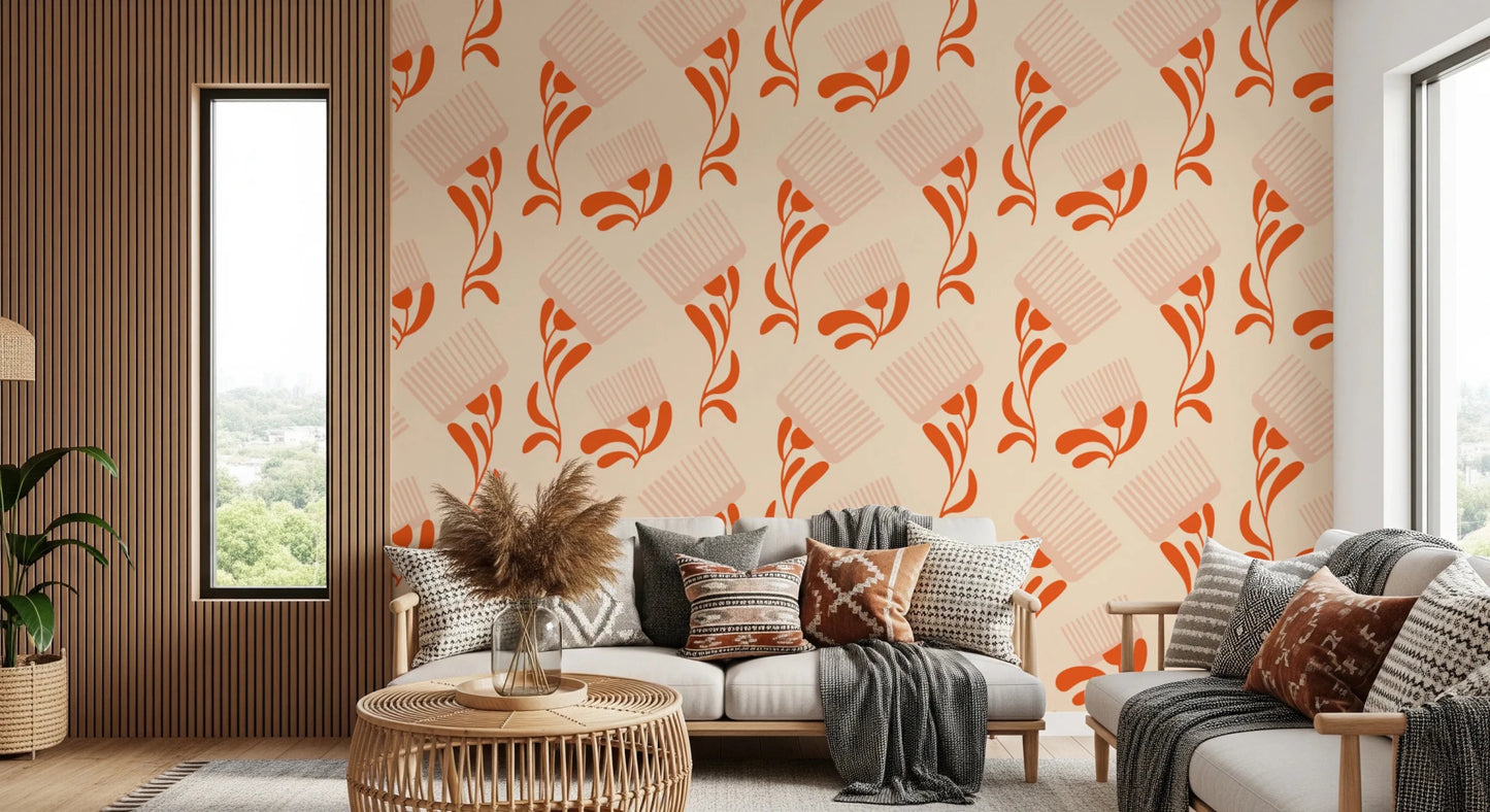 Mid Mod Wildflower Comb - Beige Terracotta Wallpaper⁠