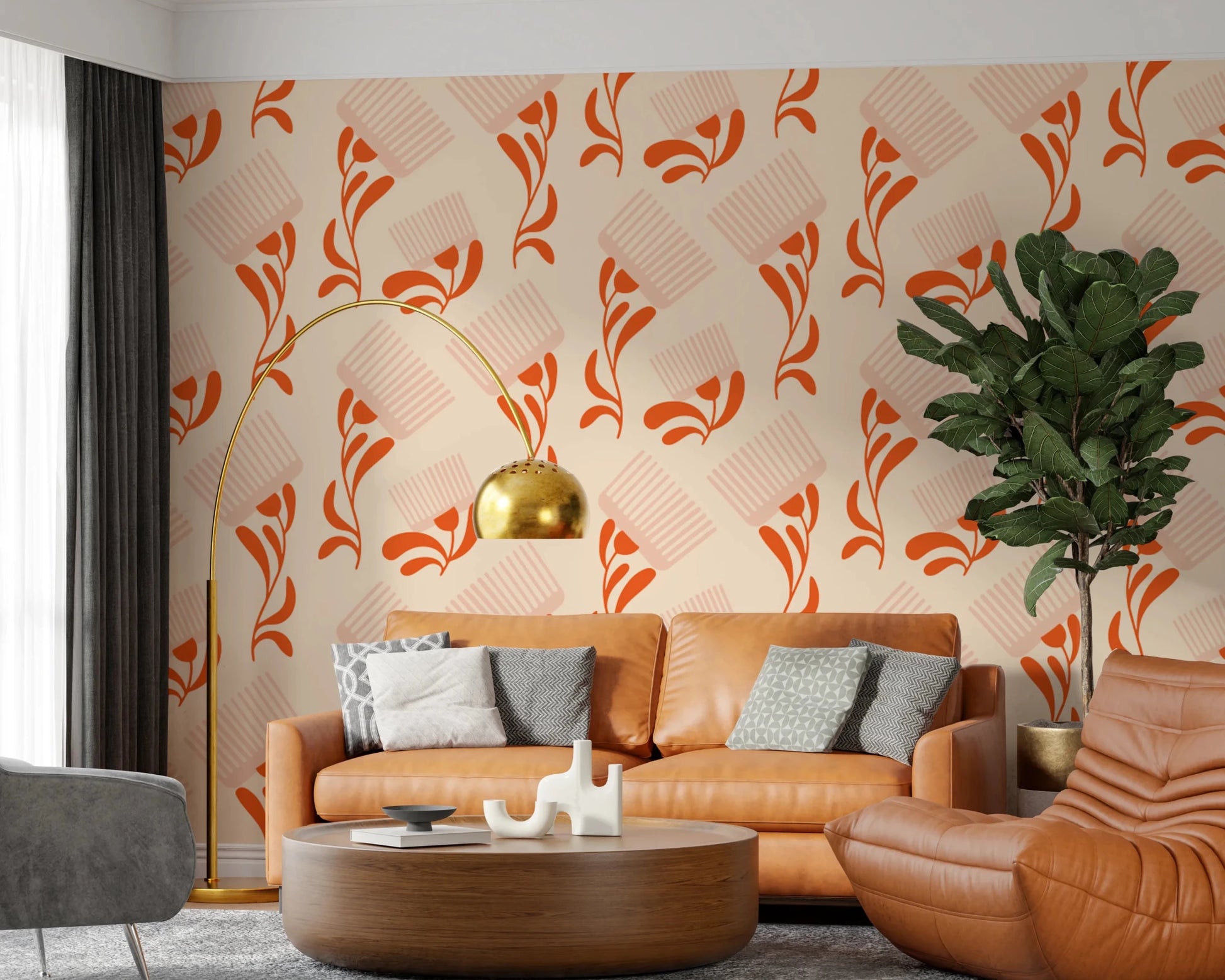 Mid Mod Wildflower Comb - Beige Terracotta Wallpaper⁠