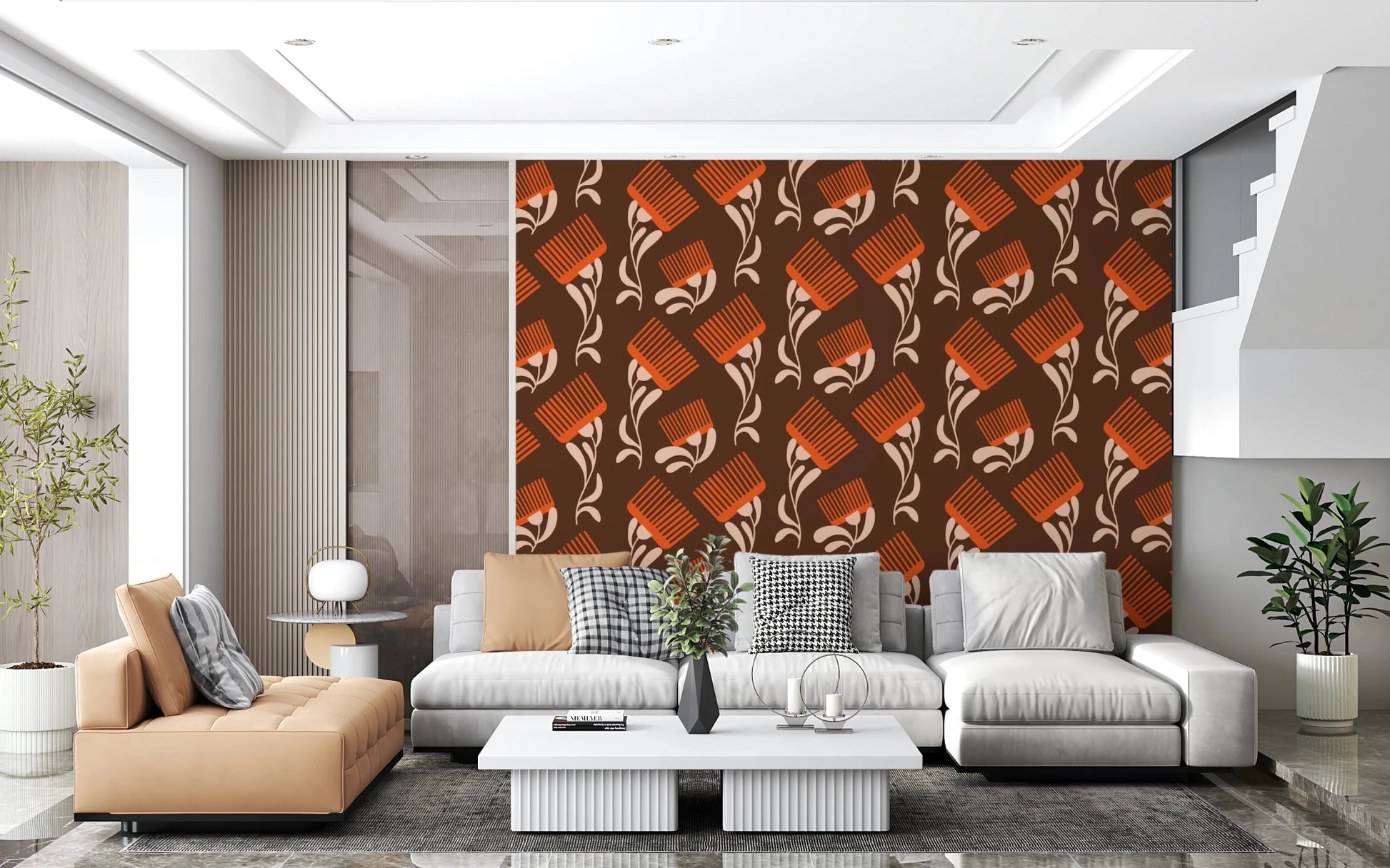 Mid Mod Wildflower Comb - Chocolate Terracotta Wallpaper⁠