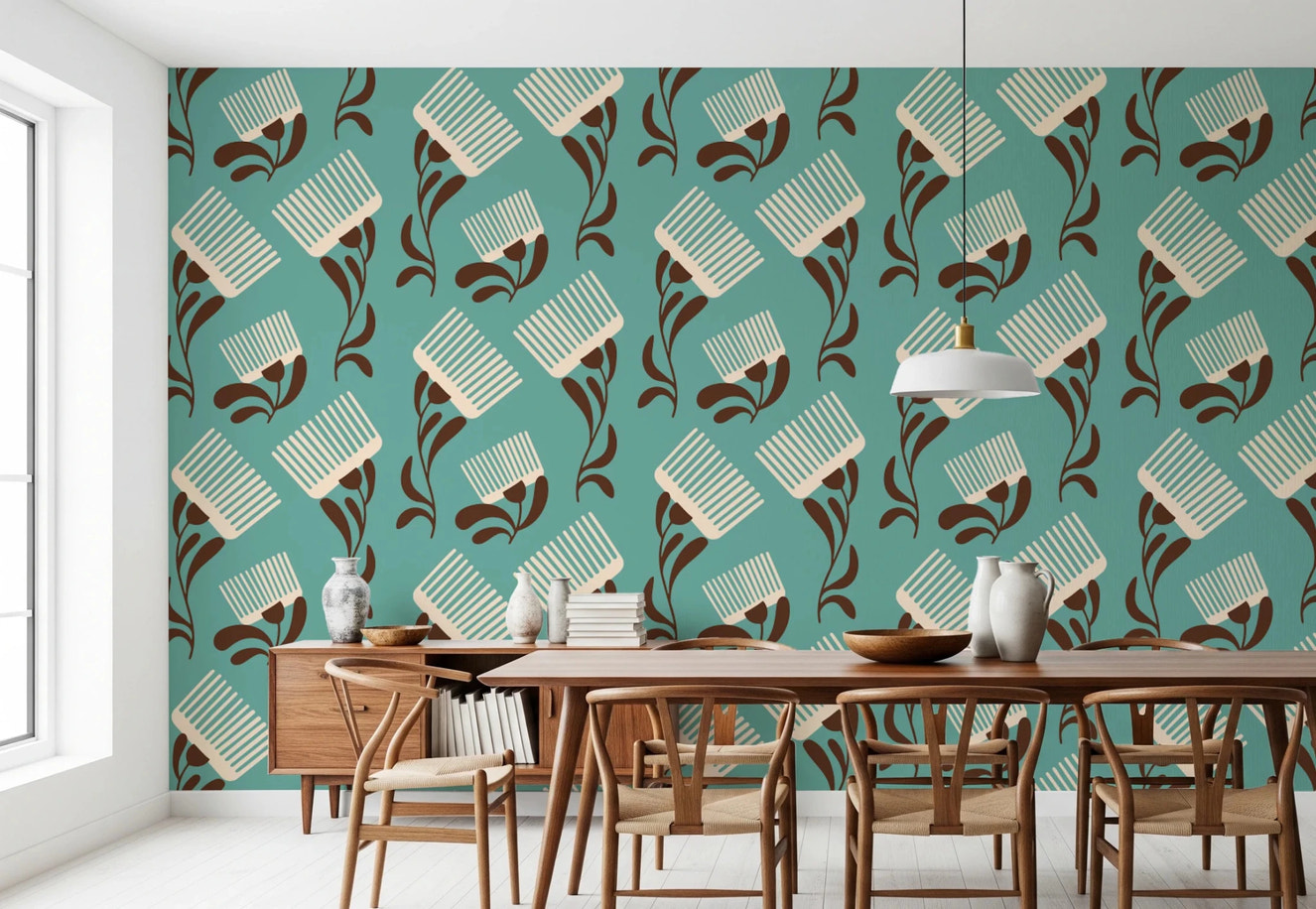 Mid Mod Wildflower Comb - Teal Beige Wallpaper⁠