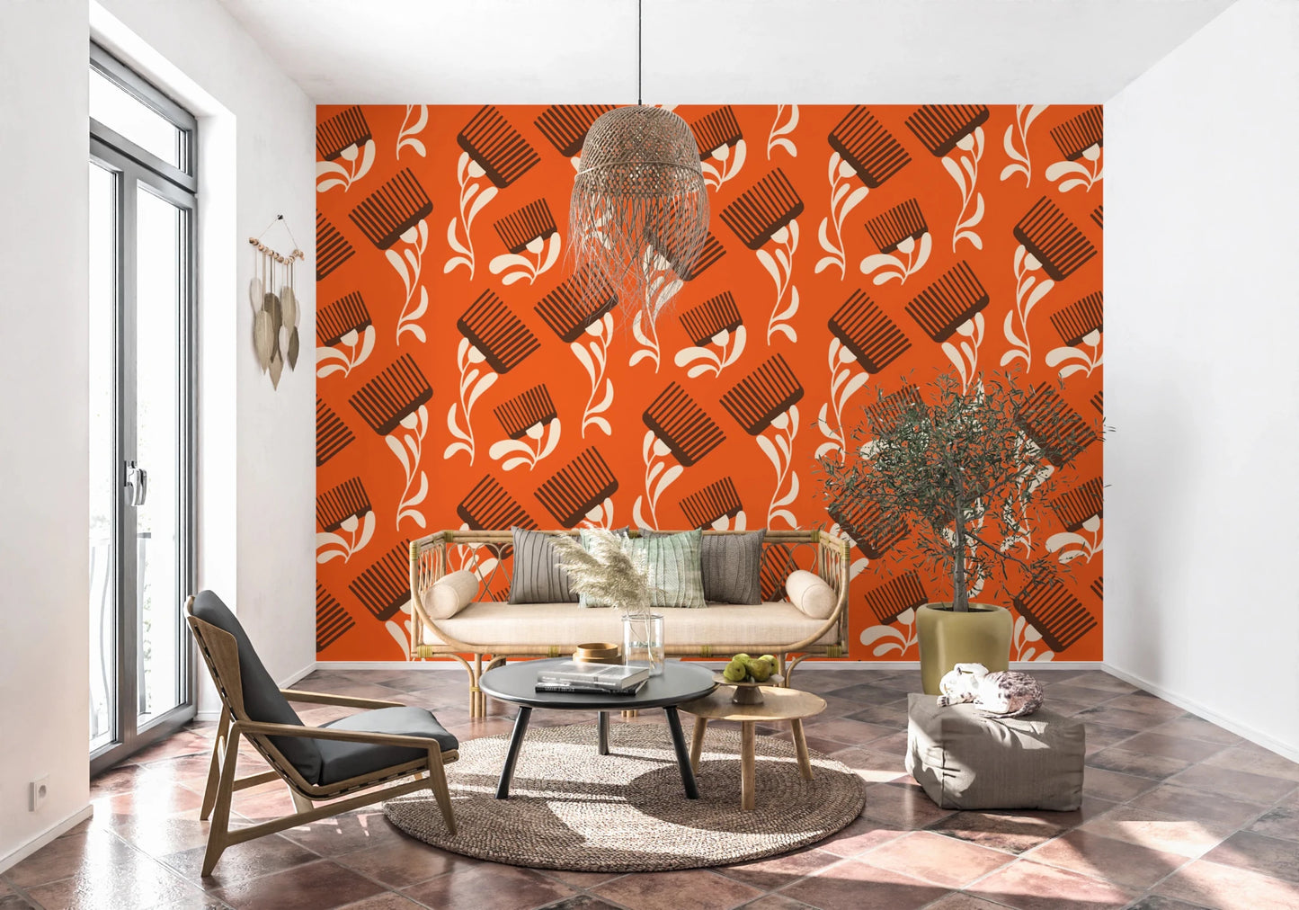 Mid Mod Wildflower Comb - Terracotta Chocolate Wallpaper⁠
