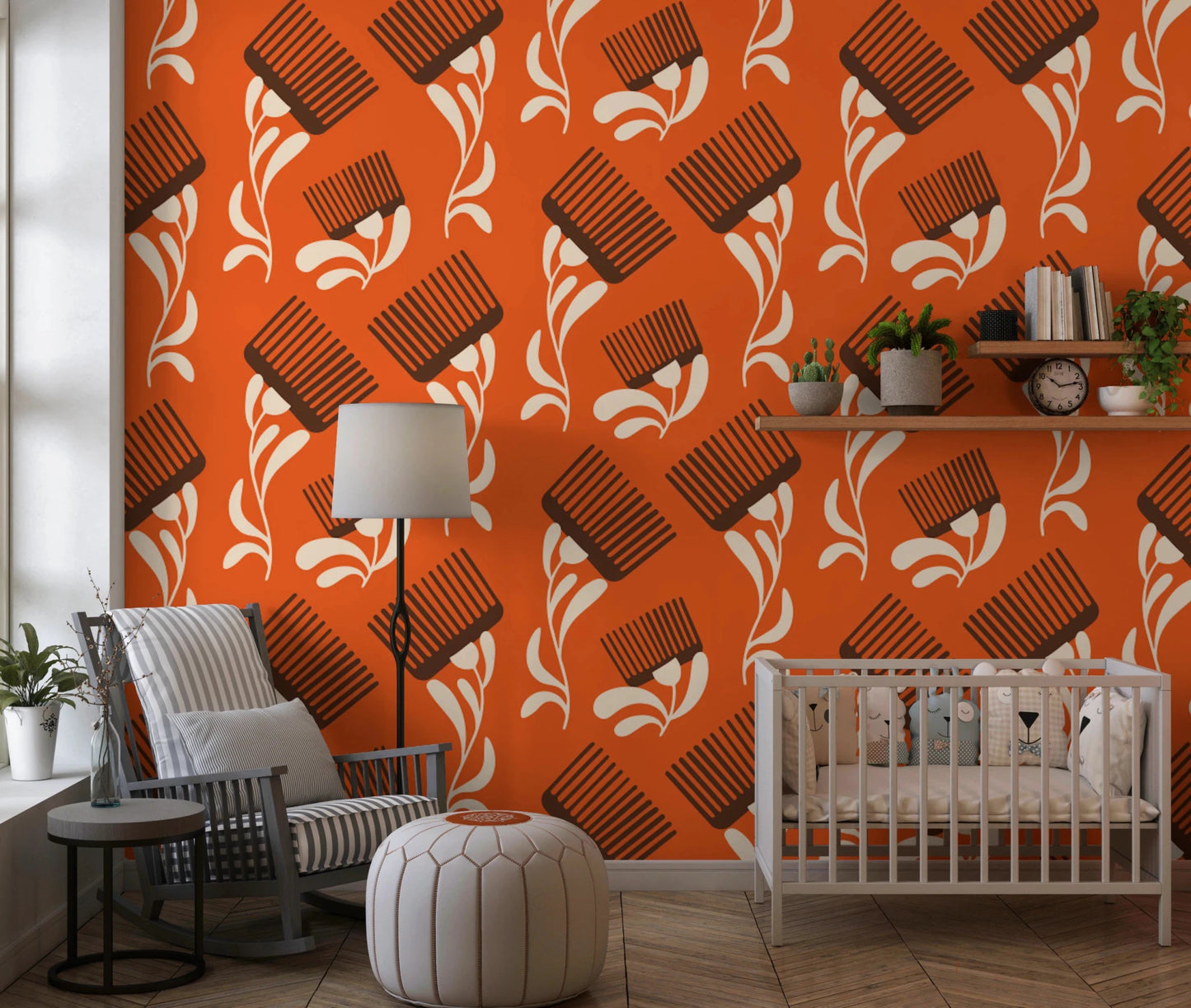 Mid Mod Wildflower Comb - Terracotta Chocolate Wallpaper⁠
