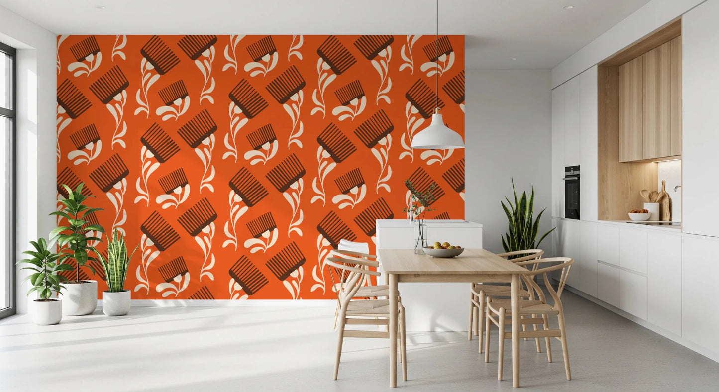 Mid Mod Wildflower Comb - Terracotta Chocolate Wallpaper⁠