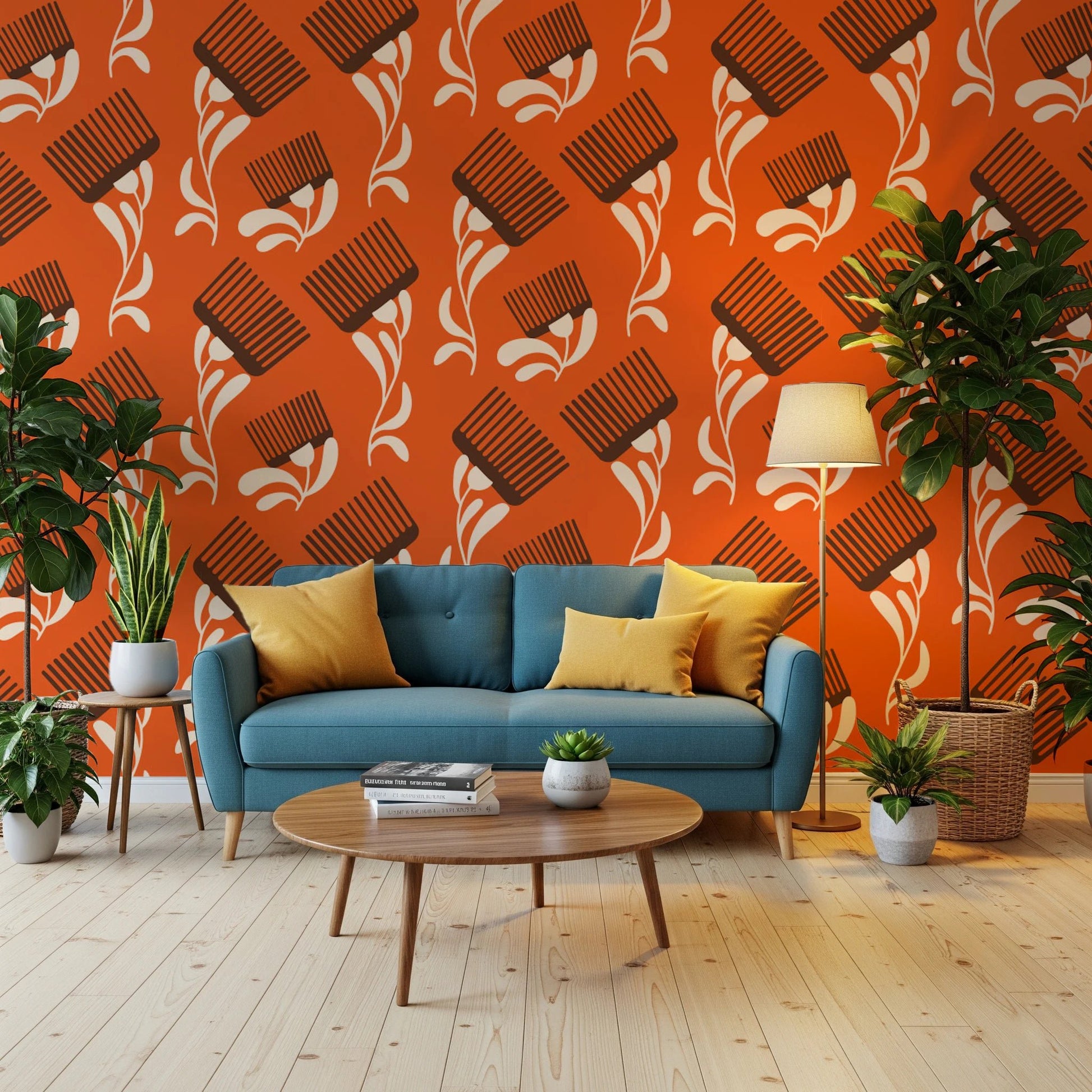 Mid Mod Wildflower Comb - Terracotta Chocolate Wallpaper⁠