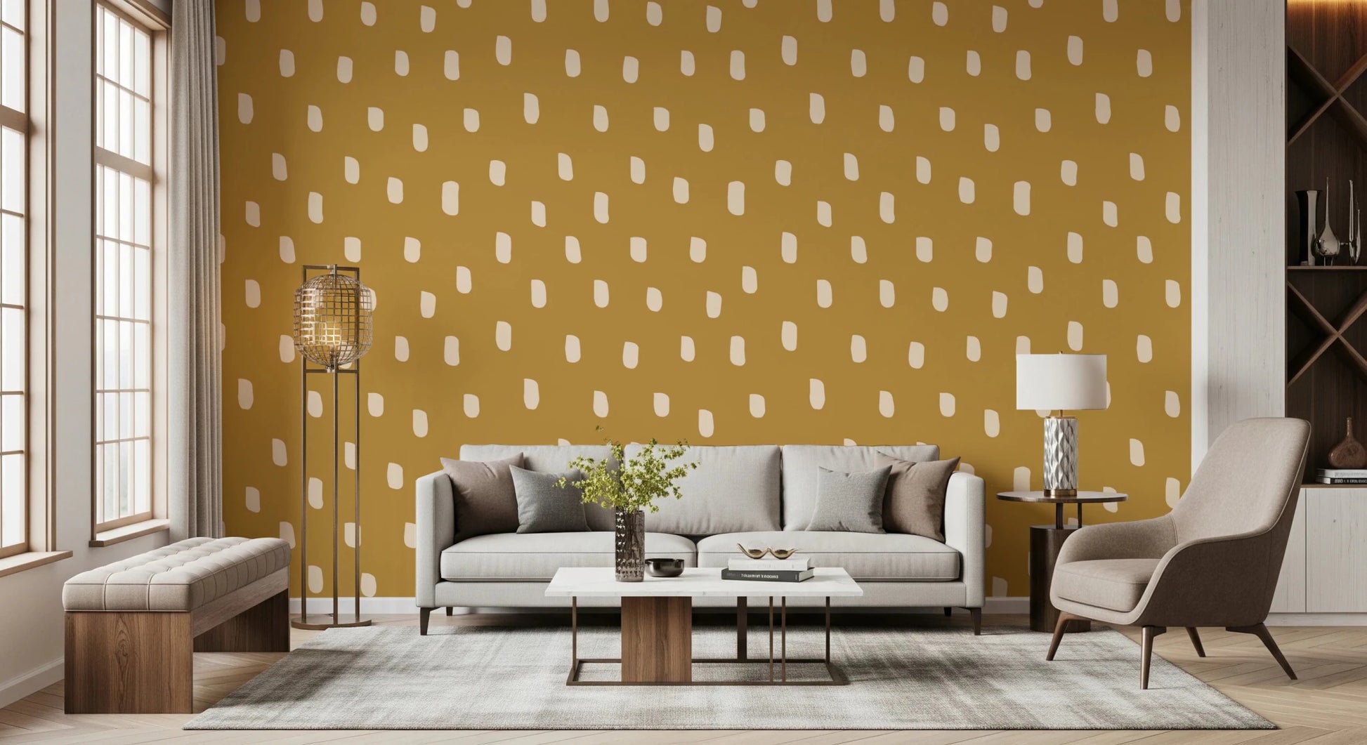 Mid Mod Wildflower Dots - Ocher Beige Wallpaper⁠