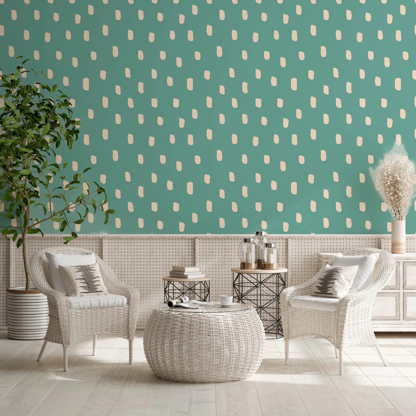 Mid Mod Wildflower Dots - Teal Beige Wallpaper⁠