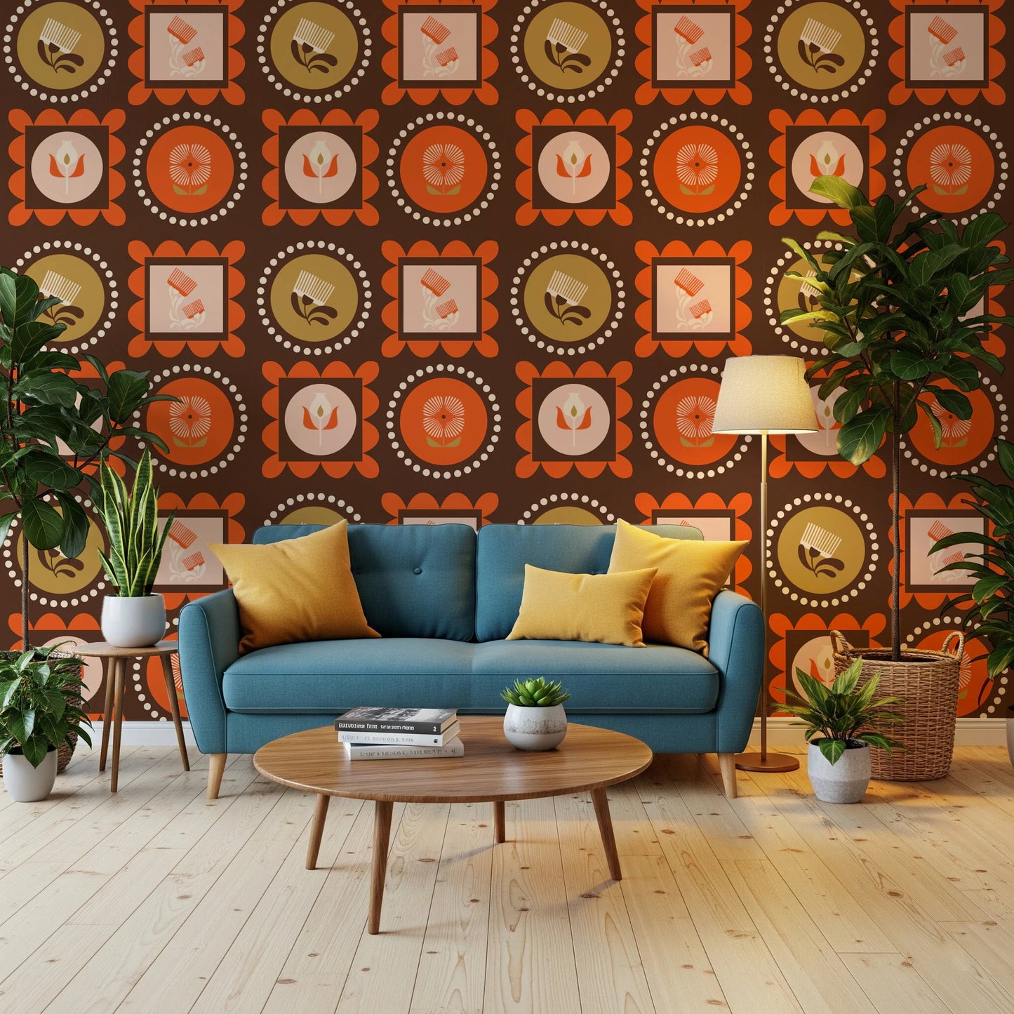 Mid Mod Wildflower Frames - Botanical Collage Chocolate Terracotta Wallpaper⁠