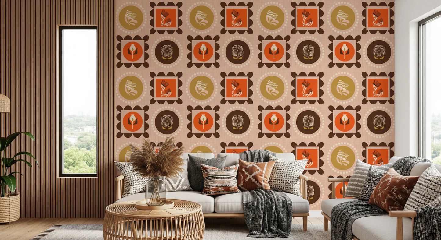 Mid Mod Wildflower Frames - Botanical Collage Ocher Terracotta Wallpaper⁠