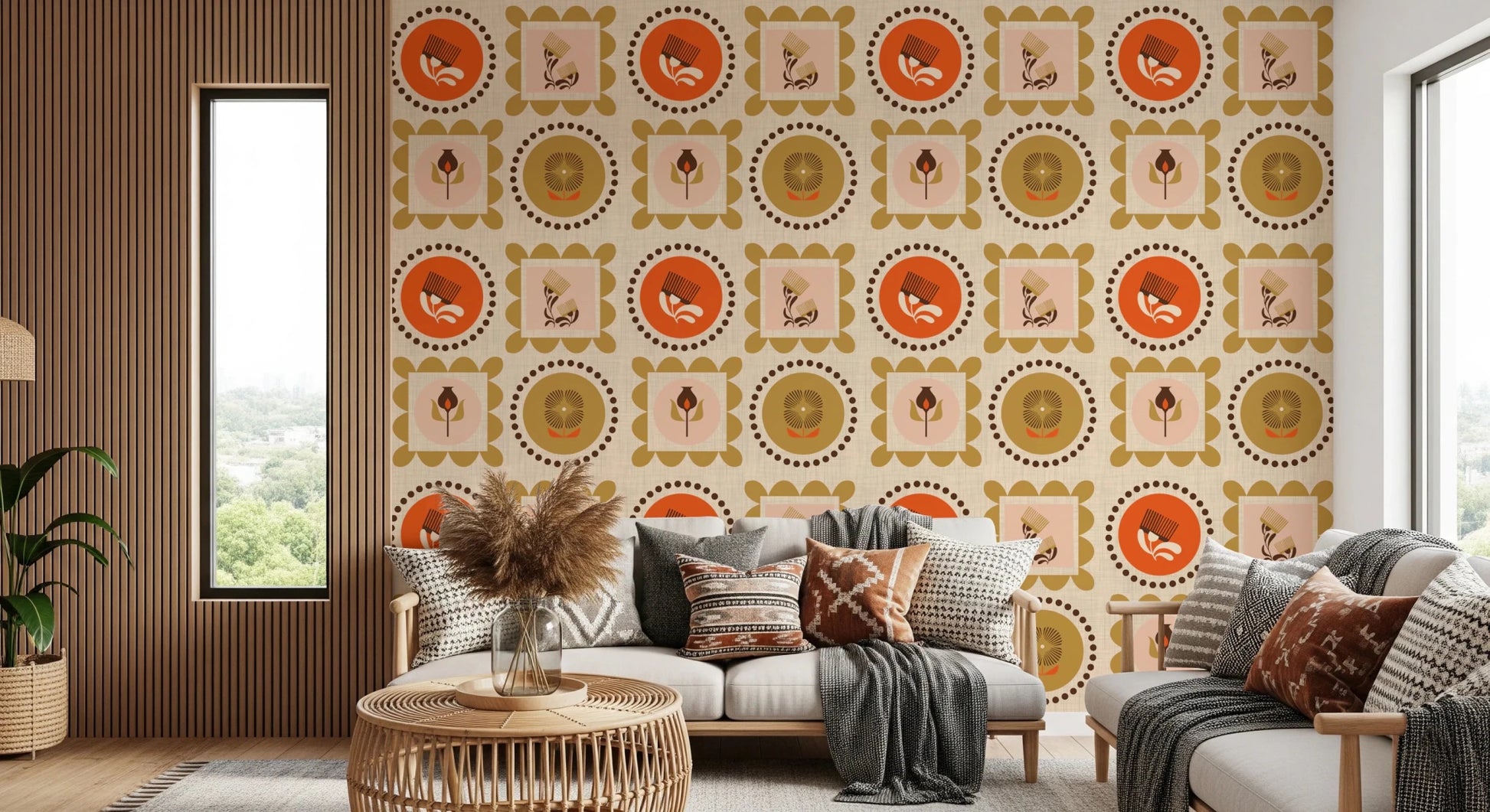 Mid Mod Wildflower Frames - Botanical Collage Terracotta Ocher Wallpaper⁠
