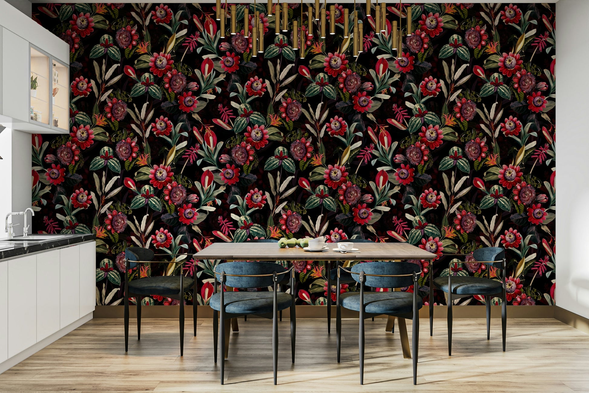 Bold floral wallpaper mural with deep colors and lush greenery.


