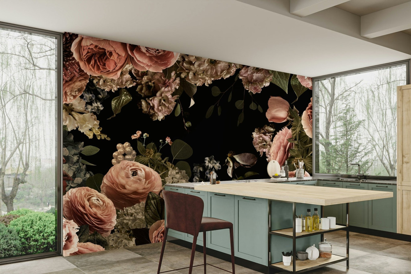 A wall mural featuring a bold, artistic floral pattern.

