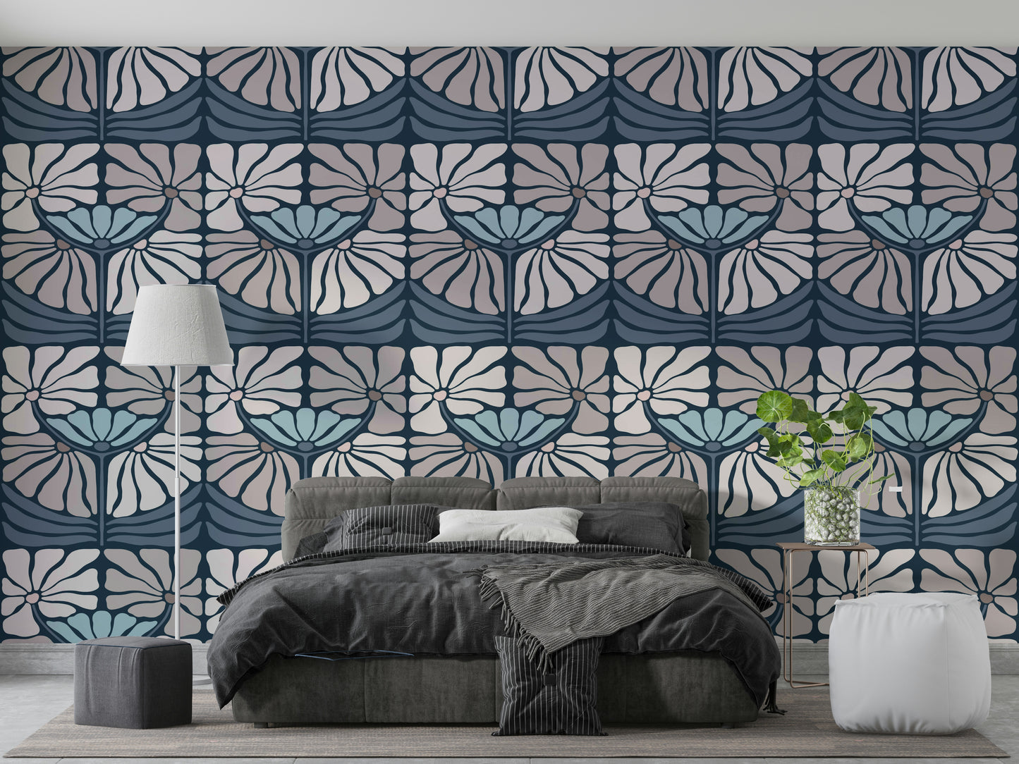 Bold botanical wallpaper in night tones

