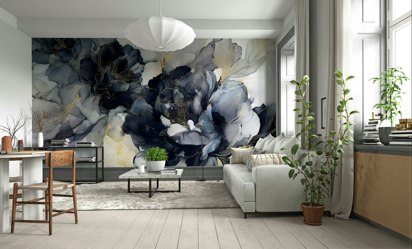 Modern floral wall mural in dark tones
