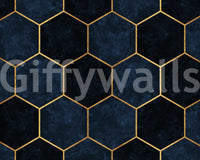 Metallic-accented hexagon wall mural in luxurious midnight blue.

