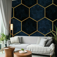 Elegant hexagon pattern wall mural in blue and metallic tones.

