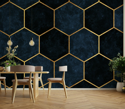 Midnight Blue Luxury Hexagons Wall Mural with metallic accents.

