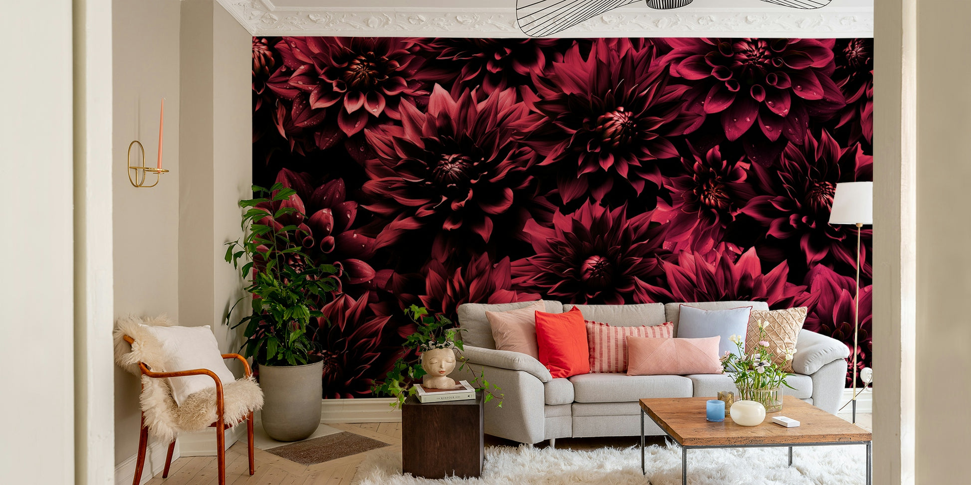 Dark floral wallpaper with burgundy dahlias

