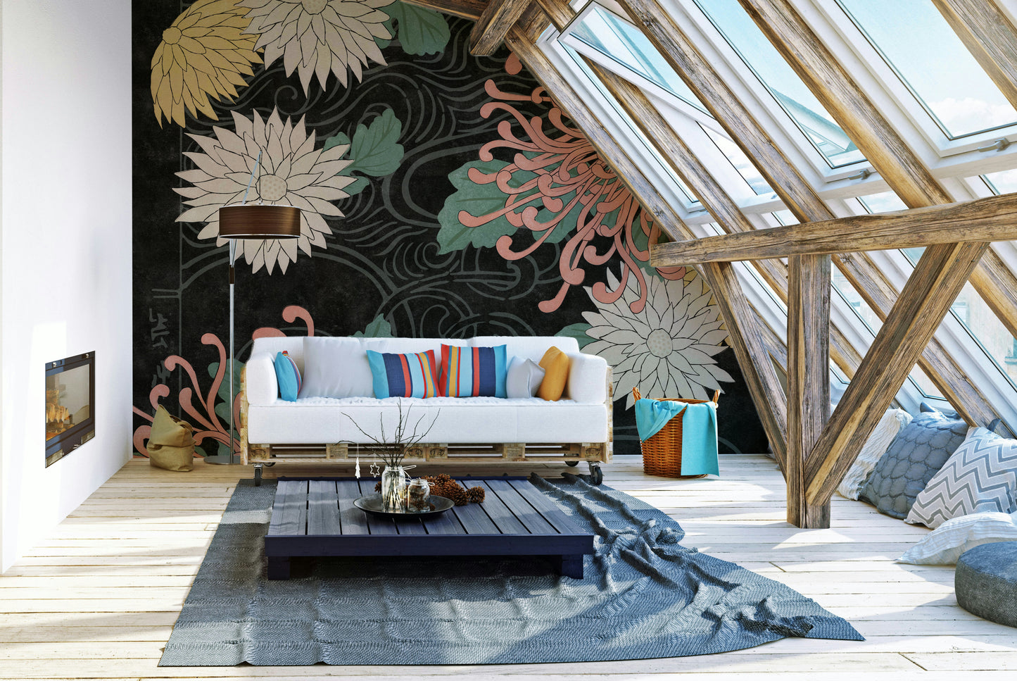 Midnight chrysanthemums wall mural for elegant home decor.

