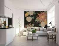 Japanese-inspired floral print mural with rich chrysanthemum flowers.


